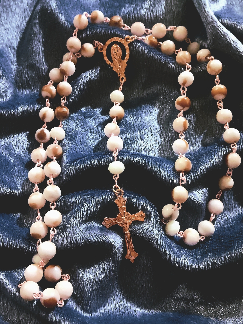 Rosary with Rose Gold Crucifix and Cream-Brown Beads